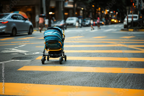 A stroller on a crosswalk in a busy urban setting, with cars and people in the background. photo