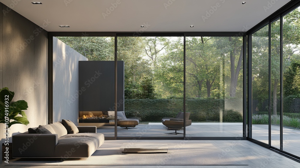 Fototapeta premium Modern sliding door with a minimalist metal frame.
