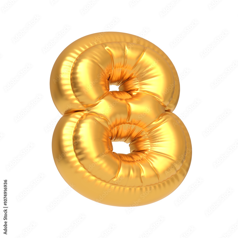 Shiny gold balloon shaped as the number eight, isolated on a white background, ideal for celebrations or milestones. 3D render illustration Shiny gold balloon shaped as the number eight, isolated on a white background, ideal for celebrations or milestones. 3D render illustration