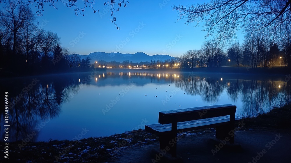 Enchanting twilight view of a tranquil lake bordered by bare trees, reflecting the serene blue sky and distant city lights during the peaceful evening Enchanting twilight view of a tranquil lake bordered by bare trees, reflecting the serene blue sky and distant city lights during the peaceful evening