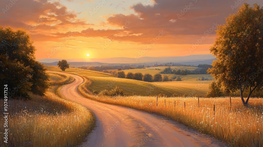Fototapeta premium A gently sloping country road enveloped in the warm embrace of the setting sun, casting a golden glow on the surrounding fields and evoking a sense of nostalgia.