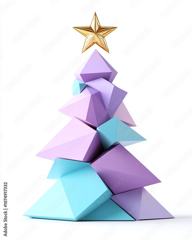 Fototapeta premium Modern Geometric Christmas Tree with Star Topper in Pastel Colors Perfect for Holiday Decoration and Seasonal Festivity Inspiration