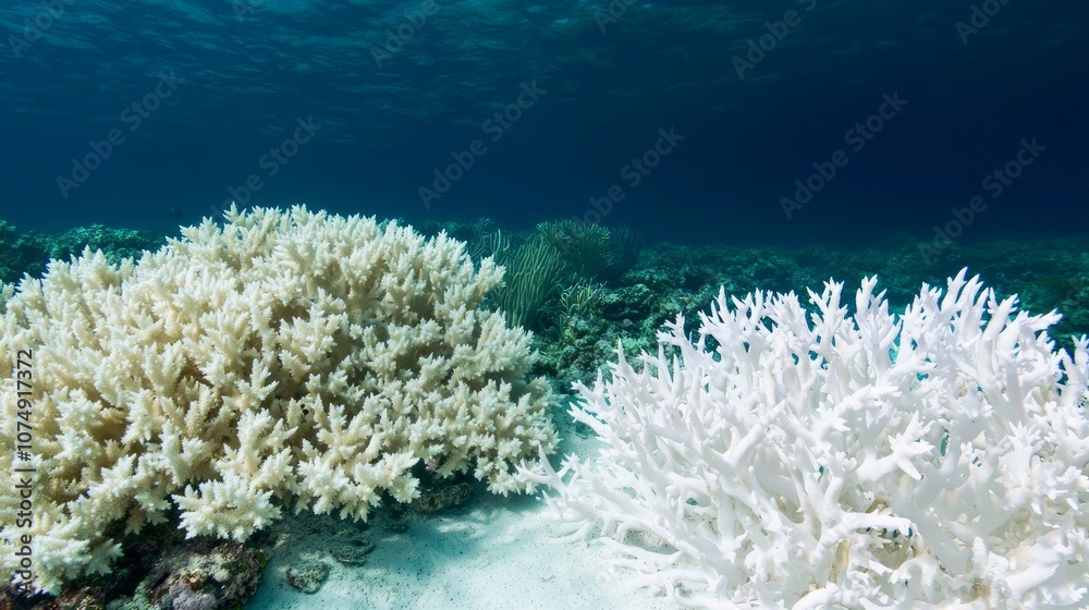 Fototapeta premium Contrasting Worlds: Thriving vs. Bleached Coral Reef Ecosystem - Climate Change Impact Photo