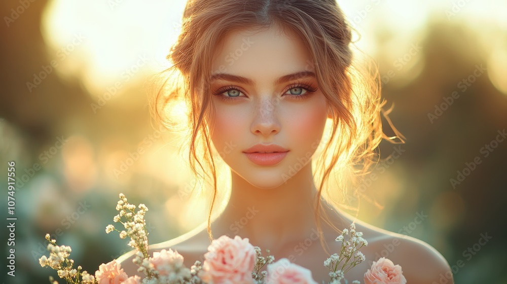 A serene moment captured in the golden light of dusk, featuring an enchanting young woman surrounded by delicate blossoms, embodying the essence of timeless natural beauty A serene moment captured in the golden light of dusk, featuring an enchanting young woman surrounded by delicate blossoms, embodying the essence of timeless natural beauty