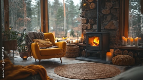 Cozy living room with a fireplace, a yellow armchair, and candles.