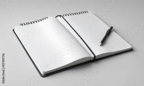 A black spiral notebook sits open on a white desk with a black pen lying on the right page