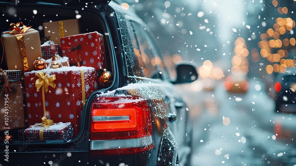 SUV filled with Christmas gifts on a snowy street, capturing holiday spirit, giving, and festive excitement. Perfect for Christmas and winter holiday themes. SUV filled with Christmas gifts on a snowy street, capturing holiday spirit, giving, and festive excitement. Perfect for Christmas and winter holiday themes.