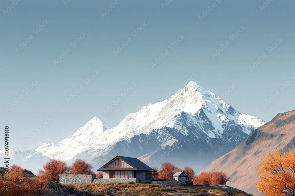 Serene Autumn Escape: Mountain Home nestled amidst fiery foliage and snow-capped peaks. Serene Autumn Escape: Mountain Home nestled amidst fiery foliage and snow-capped peaks.