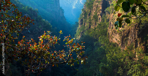 Beautiful Sunset view of satpura mountain range, View from Handi khoh, Pachmarhi, Madhya Pradesh, India. photo