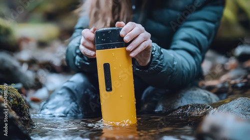  Portable water purification device with pump mechanism and built-in activated carbon filter, ideal for camping and travel. photo