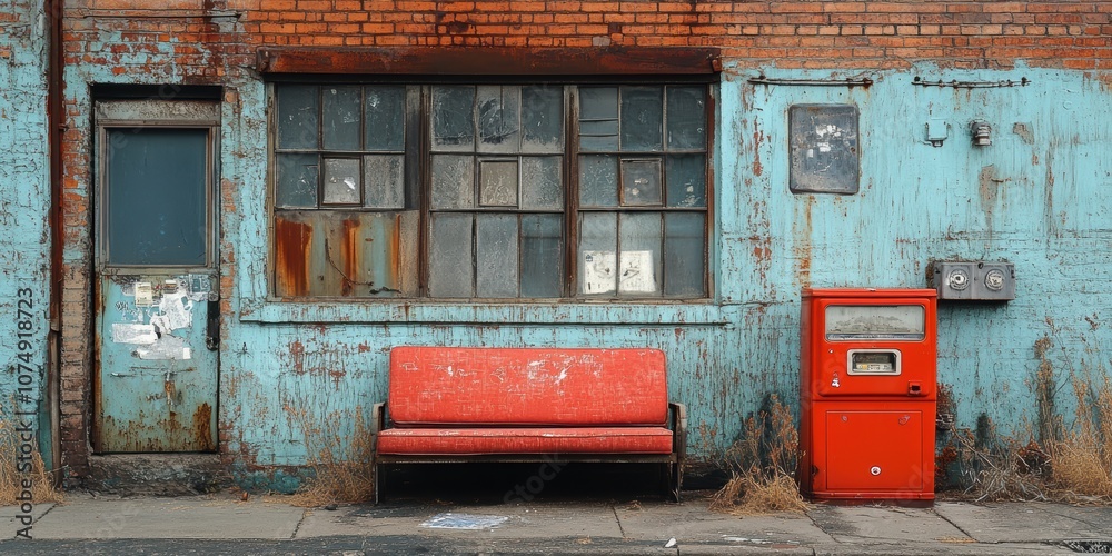 Naklejka premium An aged, vintage storefront with a weathered brick wall, old windows, and a striking red vending machine alongside a worn-out red bench