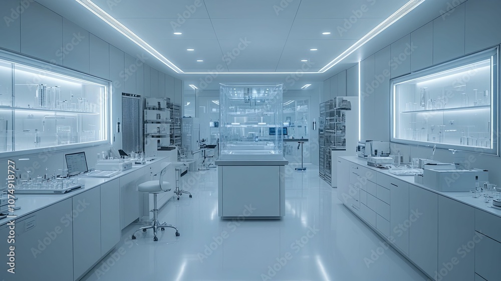 Modern, Sterile Laboratory Interior with Glassware and Equipment Modern, Sterile Laboratory Interior with Glassware and Equipment