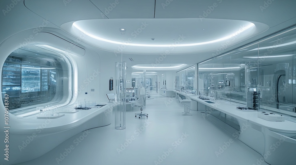 Futuristic Laboratory Interior with Curved Walls and Monitors Futuristic Laboratory Interior with Curved Walls and Monitors