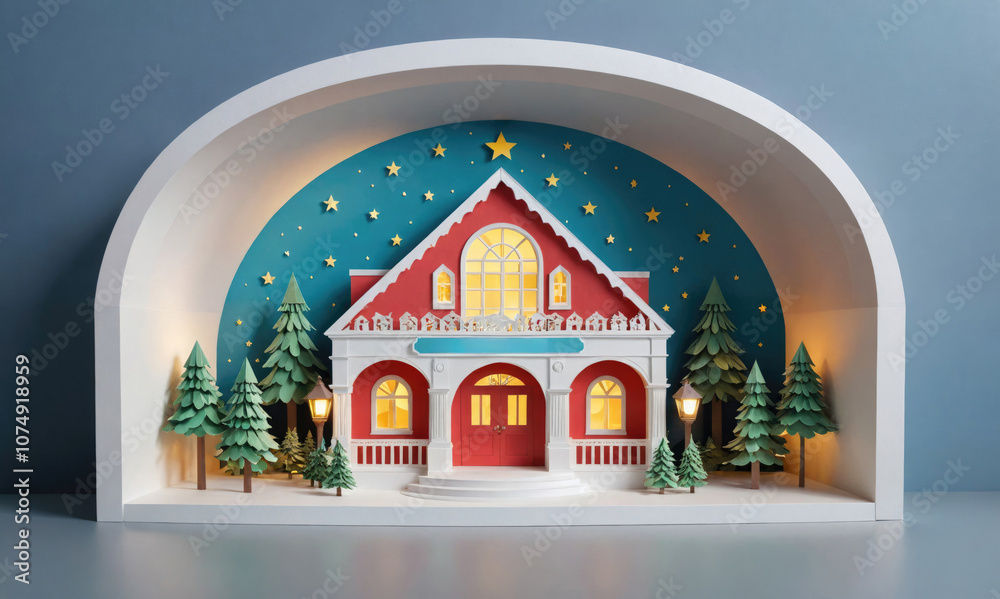 Fototapeta premium A papercraft model of a red house with a lit window, surrounded by trees and stars, sits against a blue background