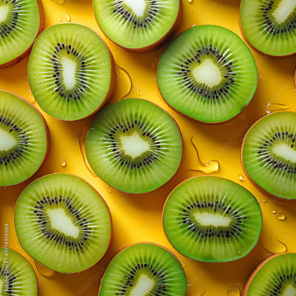 Fototapeta premium Kiwi sliced on bright yellow background with water droplets