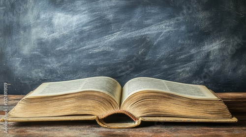 Open book on desk with a chalkboard in background photo