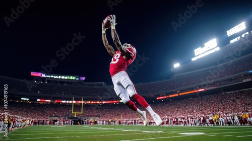 Mid-air shot of a receiver fully extended to make a critical catch, stadium lights illuminating the scene