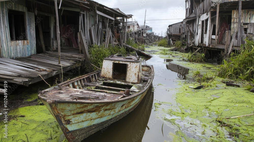 Obraz premium Environmental Devastation: Abandoned Fishing Village Hit by Climate Change - Economic Impact on Coastal Communities