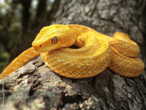 Albino Snake with Bright Yellow Scales Resting Against Tree Bark, Showing Nature’s Beauty photo