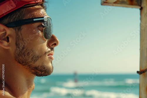 Generative AI Image of Lifeguard on Duty with Lifebuoy on Ocean Beach photo