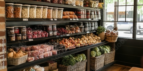 A well-organized grocery store display showcases an array of fresh produce, packaged goods, and preserved items, highlighting a variety of culinary options