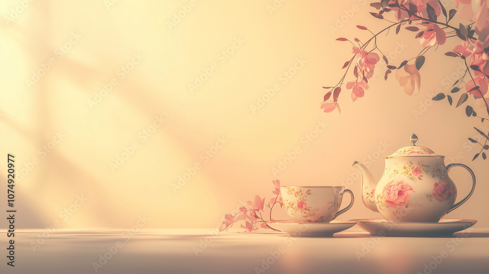 Fototapeta premium A vintage tea set with flowers on a pastel background, evoking warmth and nostalgia, with space for text.