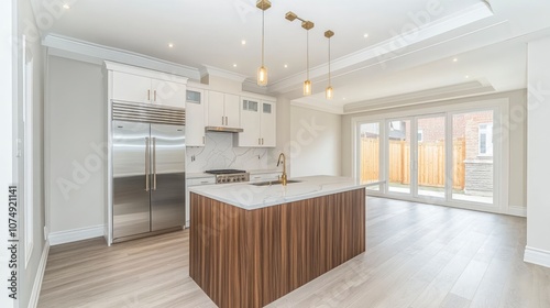 Modern Kitchen Island with Stainless Steel Appliances and White Cabinets