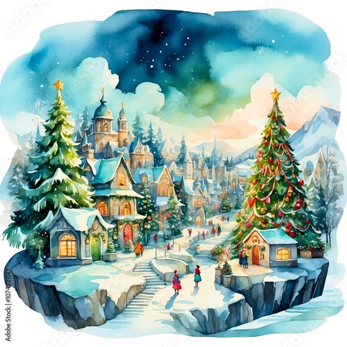 Colorful watercolor christmas snowy winter village landscape painting, holiday seasonal nature theme concept texture design illustration on isolated white background.	
 photo