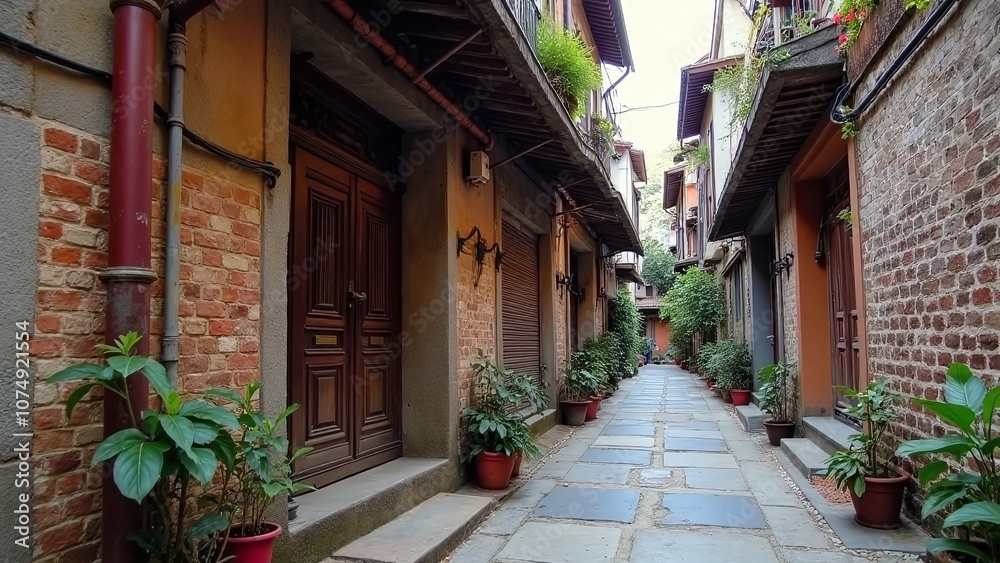 Fototapeta premium Scene of eclectic alleyway in Asian city scene, scene-aged and wall-worn