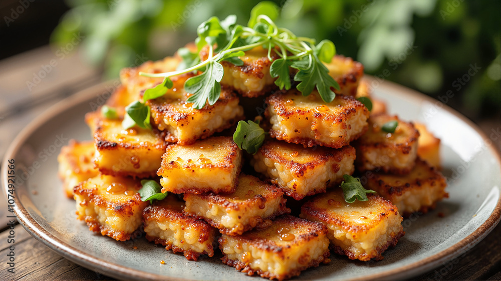 Crispy pan-fried tofu cubes with fresh herbs Crispy pan-fried tofu cubes with fresh herbs