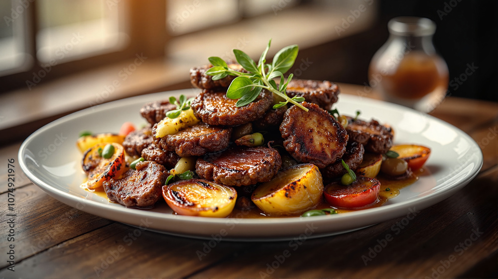Grilled octopus with potatoes and vegetables on white plate Grilled octopus with potatoes and vegetables on white plate