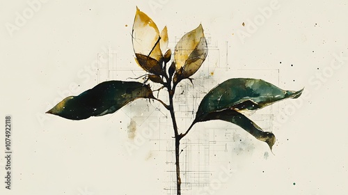 Botanical Blueprint: A seedling superimposed with faint blueprints. The merging of nature and design.  photo