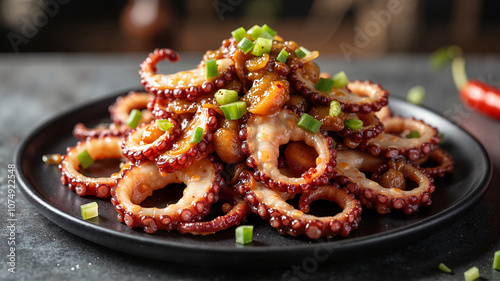 Spicy grilled octopus with green onions on black plate