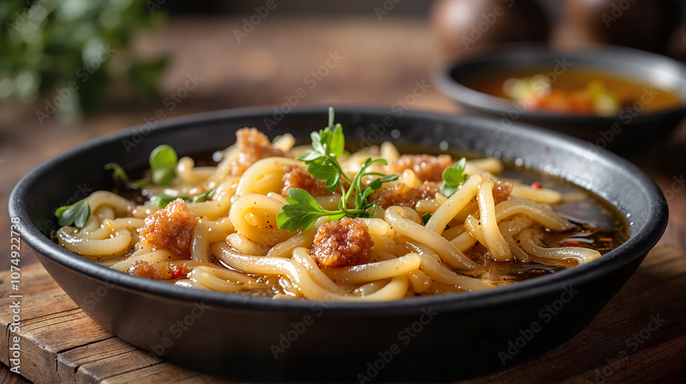 Udon noodle soup with meat in black bowl Udon noodle soup with meat in black bowl