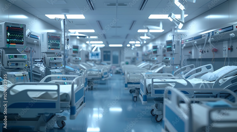 Empty Hospital Room with Beds and Advanced Medical Equipment Empty Hospital Room with Beds and Advanced Medical Equipment