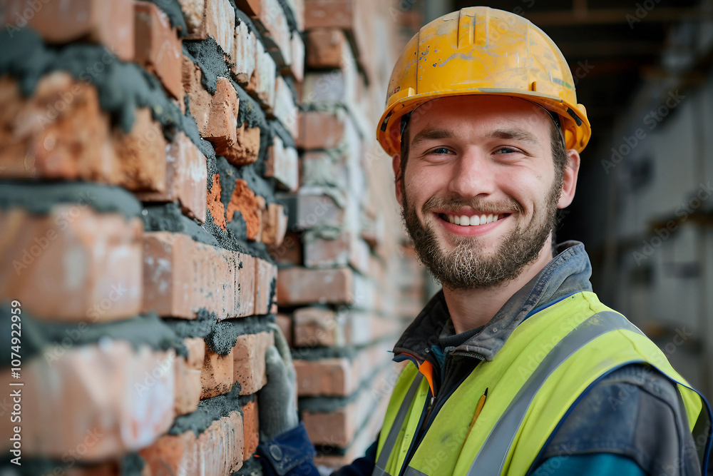 Ai generated image of a professional bricklayer at work Ai generated image of a professional bricklayer at work