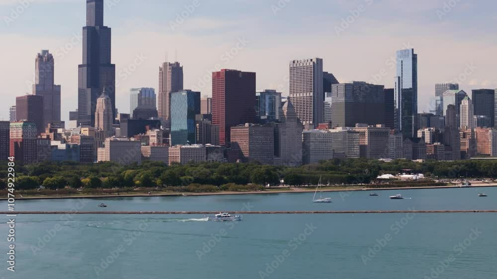 Drone view of Chicago skyline by the lake.