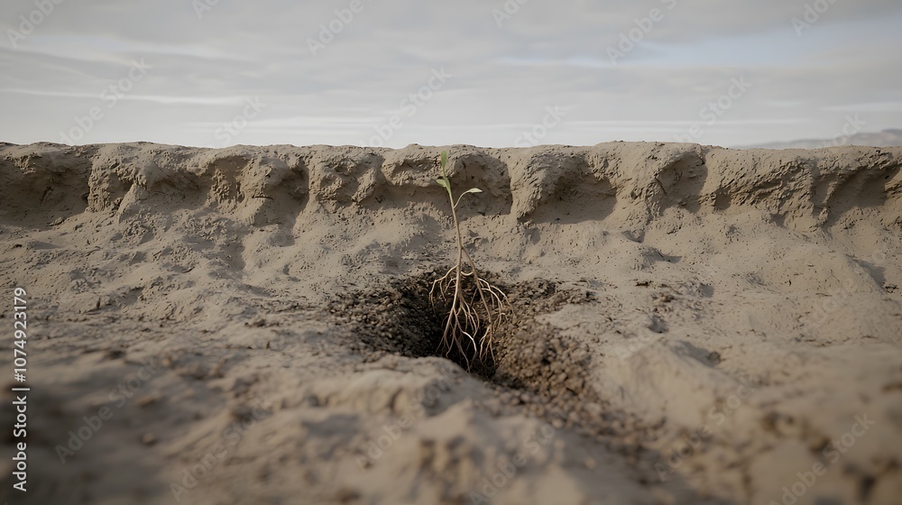 Soil Secrets: A seedling partially buried in soil. Its roots explore ...