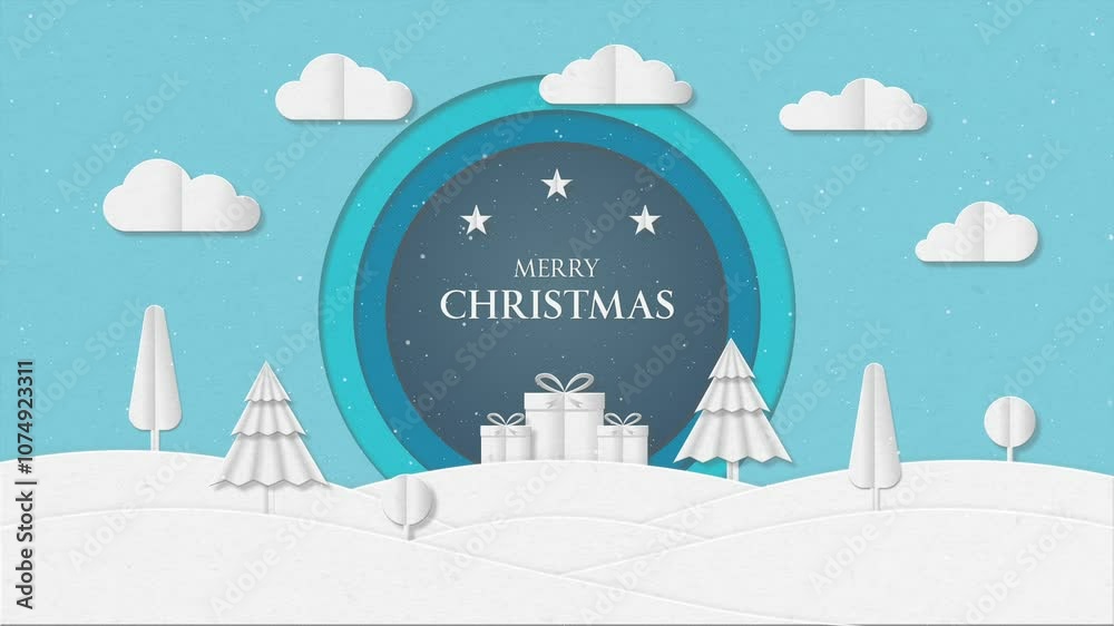 winter lanscape papper cut, greetings merry christmas animation with snowflake, pines trees, gifts and cloud.