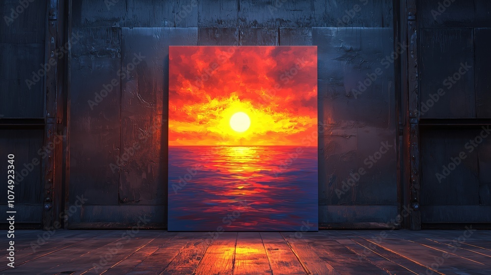 Fototapeta premium A vibrant sunset over the sea depicted through an open door in a metallic room, contrasting natural beauty and industrial elements.