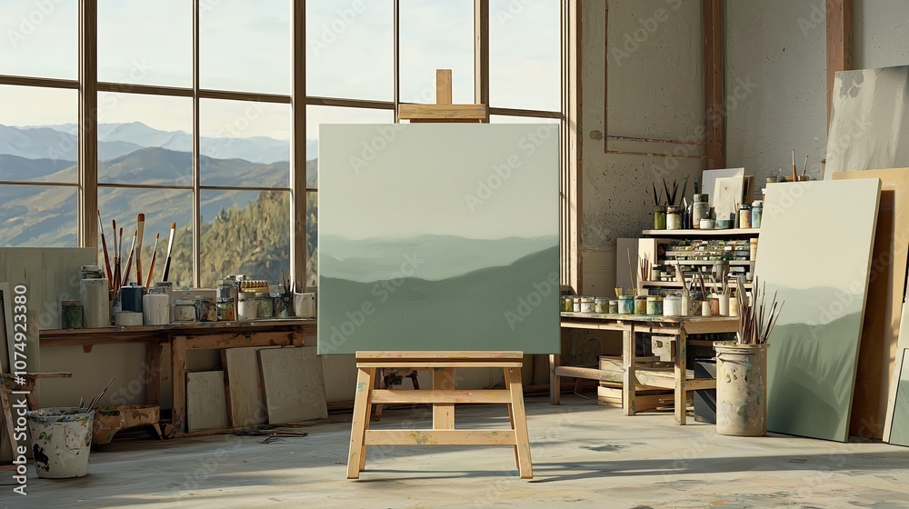 A serene art studio features a canvas on an easel, surrounded by tools and materials, with a breathtaking view of rolling mountains in the background. A serene art studio features a canvas on an easel, surrounded by tools and materials, with a breathtaking view of rolling mountains in the background.