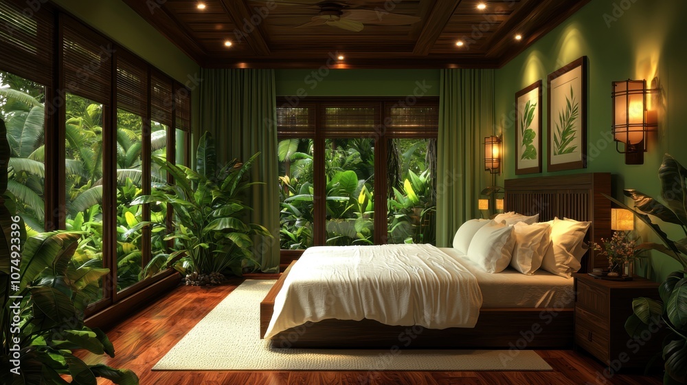 A serene bedroom with large windows showcasing lush greenery and tropical plants. A serene bedroom with large windows showcasing lush greenery and tropical plants.