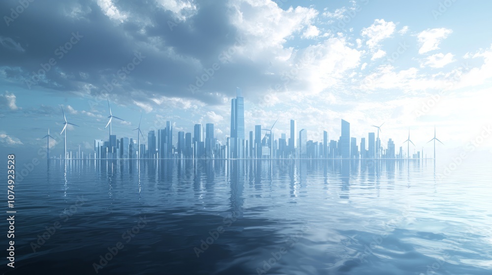 Sustainable Future: Coastal City Skyline with Wind Turbines - Climate Change Impact on Urban Landscapes Sustainable Future: Coastal City Skyline with Wind Turbines - Climate Change Impact on Urban Landscapes
