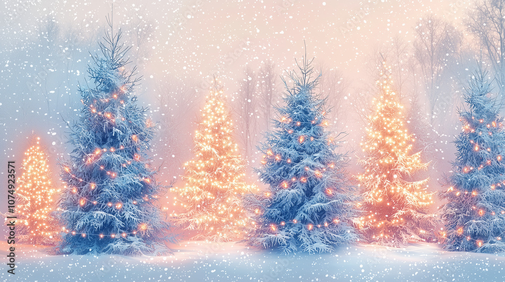 Whimsical forest scene with gentle snow, warm Christmas lights on trees, and a peaceful pastel background, perfect for holiday greetings. Whimsical forest scene with gentle snow, warm Christmas lights on trees, and a peaceful pastel background, perfect for holiday greetings.