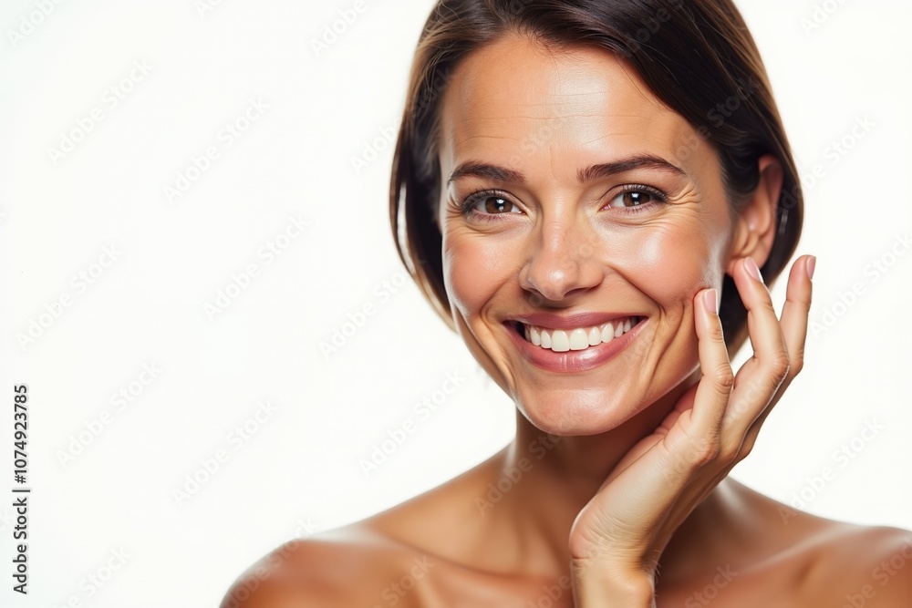 Smiling woman with natural beauty and radiant skin posing in a minimalist setting with bright lighting Smiling woman with natural beauty and radiant skin posing in a minimalist setting with bright lighting