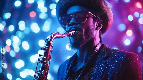 A musician dons sunglasses and a hat as he passionately plays the saxophone, bathed in vibrant blue and purple lights, representing creativity and funk. photo