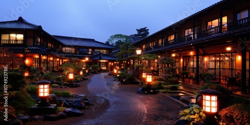 A beautifully lit traditional Japanese garden pathway adorned with glowing lanterns, nestled between elegant wooden ryokan buildings at dusk creates a serene ambiance