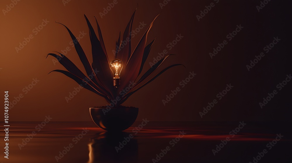 Conceptual Shoot: A young plant with a tiny light bulb at its tip. The bulb radiates ideas—the birth of creativity. 