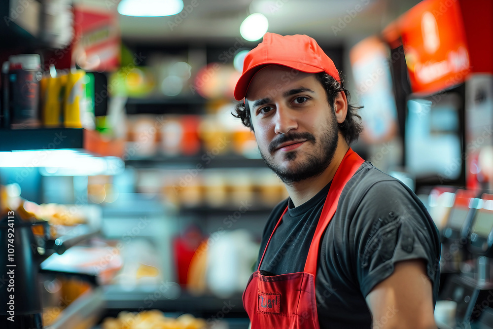 Generative AI Image of Fast Food Service Worker in Cafe or Takeout takeaway to-go Restaurant Generative AI Image of Fast Food Service Worker in Cafe or Takeout takeaway to-go Restaurant