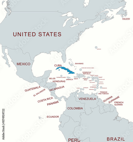 Photography Detailed map of the Americas with Cuba highlighted , showcasing geography and co
